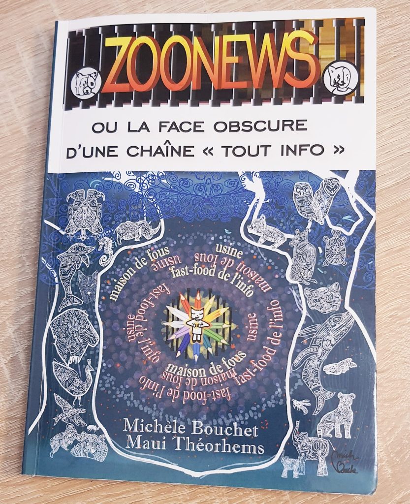 Couverture du livre Zoonews sur les dérives de la presse. Avec une illustration en couleur où on lit : fast-food de l'info