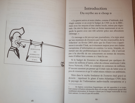 Deux pages du livre Zoonews sur les dérives de la presse. Avec un dessin humoristique sur la déontologie des journalistes.